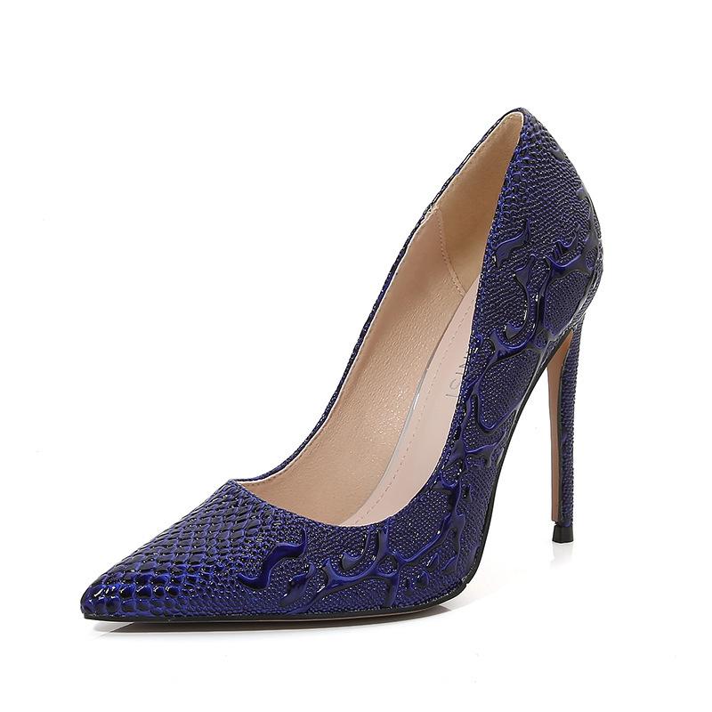 

Sexy nightclub thin heel super high heel light mouth high heels large size embossed snake pattern single shoe 46 синій
