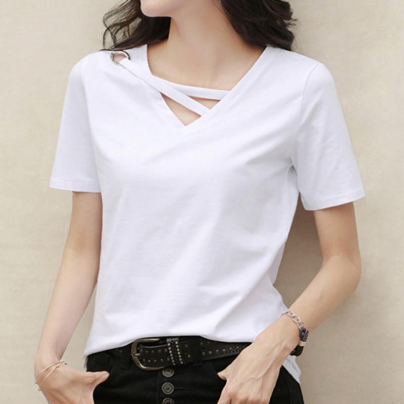 Women's Casual Fashion V-Neck Top Summer White T-shirt