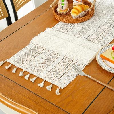 Baumwolle und Leinen Vintage Tischläufer Boho Tischläufer für Heimdeko Esstischdecke Kaffeetische Tuch Quaste Tischfahne