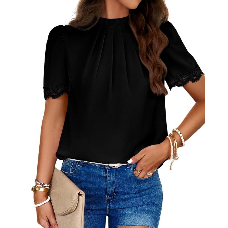 

YYFS женские модные повседневные летние весенние однотонные блузки и рубашки с короткими рукавами и круглым вырезом с принтом L чёрный