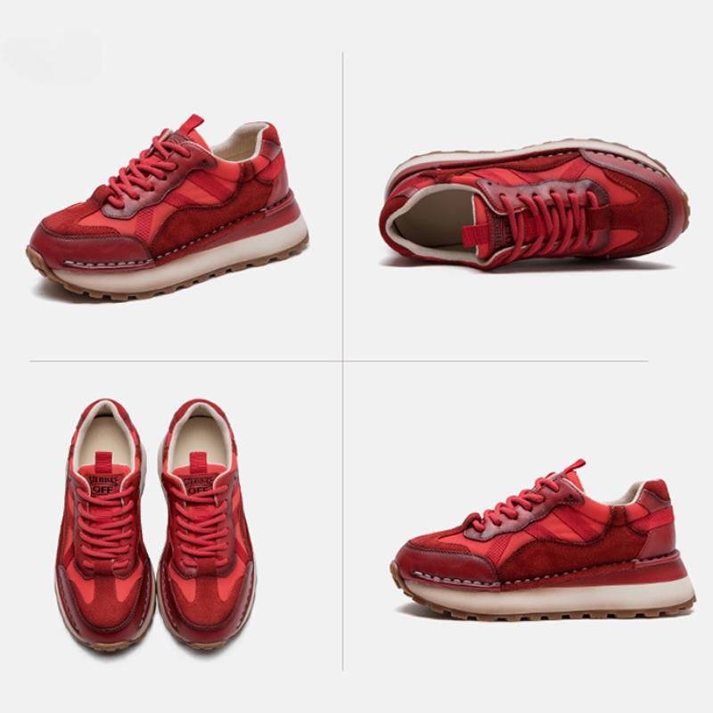 Johnature Genuine Leather Sneakers Casual Sports Shoes Round Toe Lacd-up Retro Versatile Women's Flat Shoes
