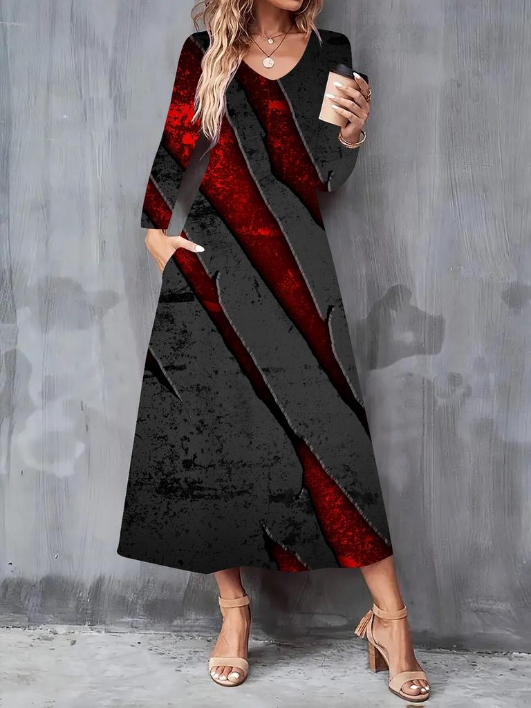 2025 Herbst und Winter Neues Damen Casual Modekleid 3D Retro Musterdruck Langarm V-Ausschnitt A-Linien-Kleider