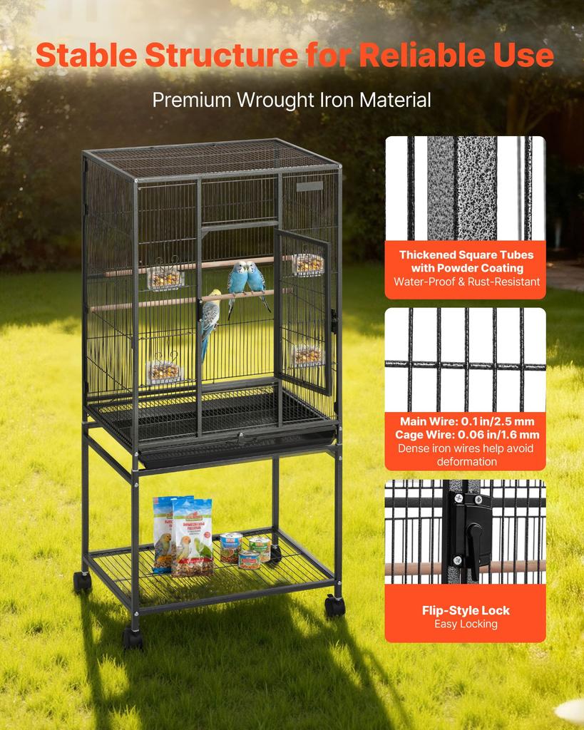 VEVOR Bird Cage, 625 X 425 X 1370 Mm, Flat Top, Wrought Iron Bird Flight Cage with Perches, Slide-Out Tray and Plastic Feeders, Casters, for Parrot
