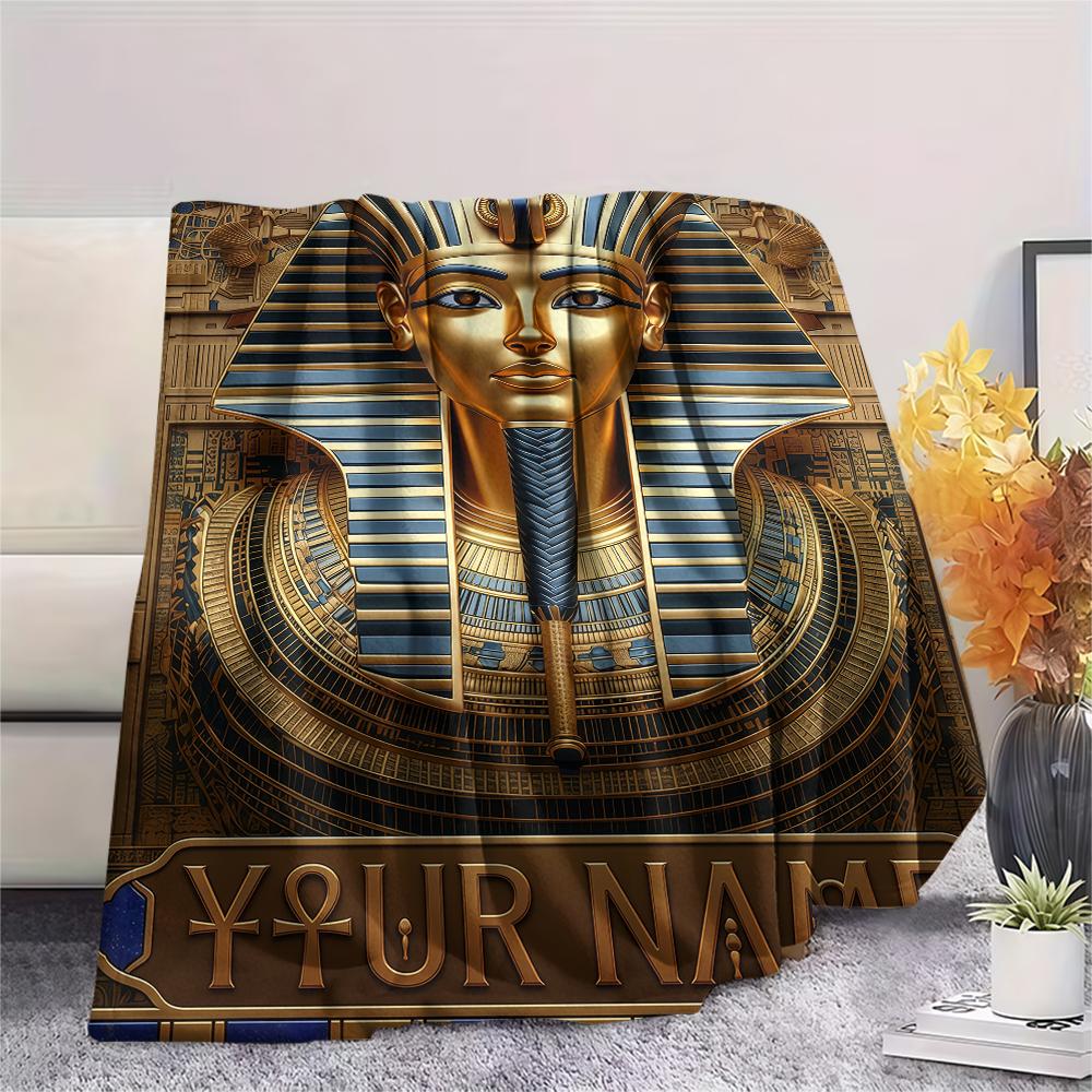 1PC Custom Name Golden Egyptian Pharaoh Patterned Flannel Blanket Suitable For All Seasons for Home Decor Warmth and Comfort Gifts Holiday Present_lx