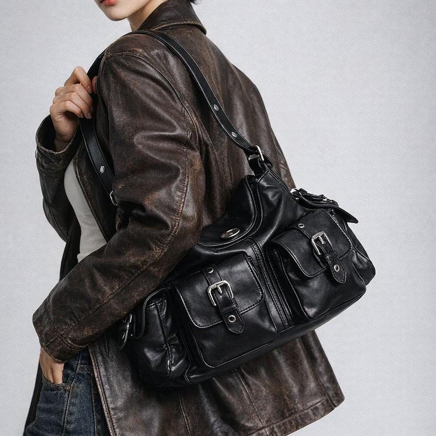 Fashion Shoulder Bag for Women Spice Girls Moto-styled Handbag Street Hip Hop Female Armpit bag Multi-pocket Designer big totes