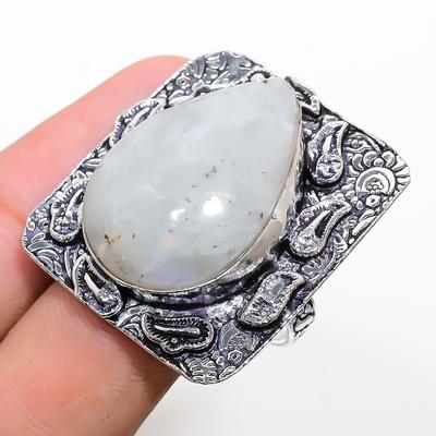 Natural Rainbow Moonstone Gemstone 925 Sterling Silver Gift Ring Size 10 i8N46