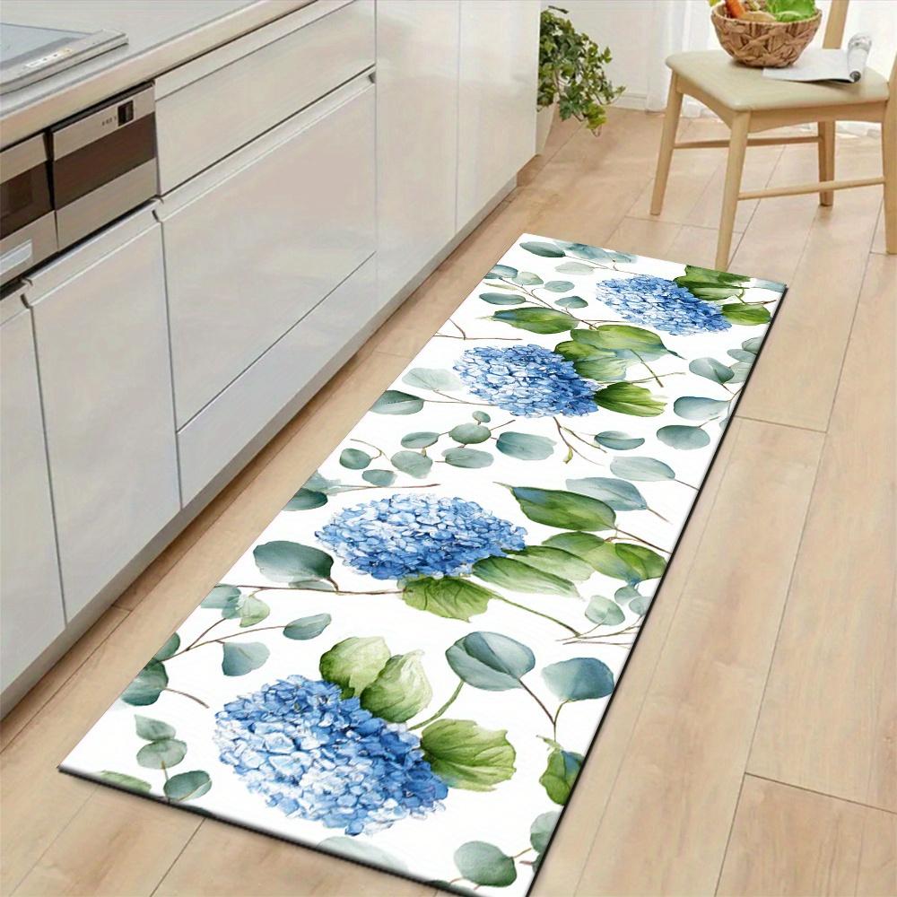 1Pcs Rustic Style Blue Hydrangea Green Leaves Non-Slip Washable Area Rug Runner for Entryway, Living Room, Bedroom & Patio
