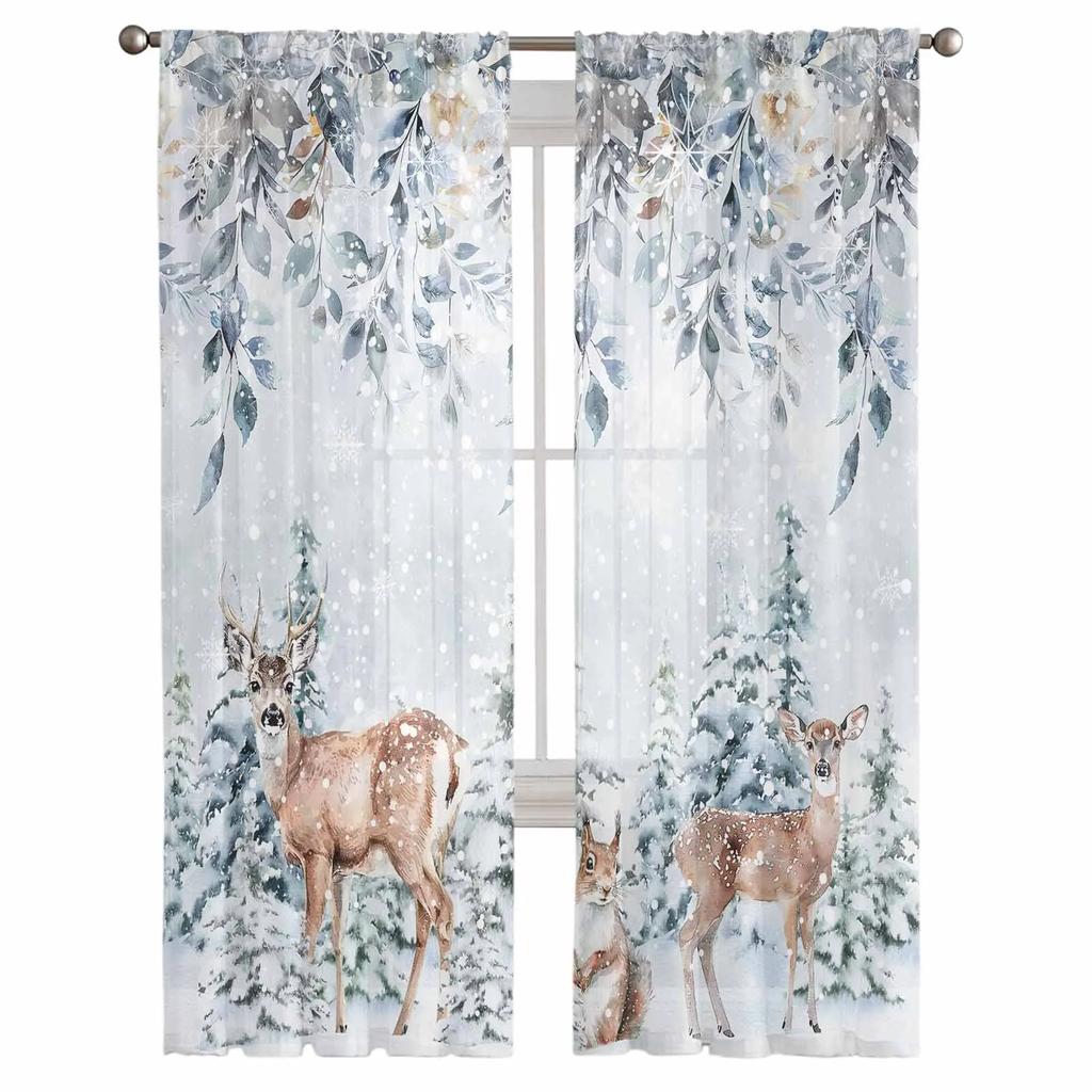 Christmas Leaves Flower Snowflake Squirrel Elk Sheer Curtains Living Room Decoration Window Curtain Kitchen Tulle Voile Curtains
