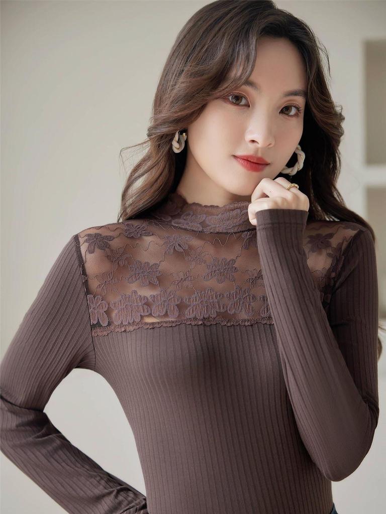 Damen Slim Fit Langarm Mesh-Spitzenoberteil - Aushöhlendesign, Frühling/Herbst Vielseitiger Socialite-Stil