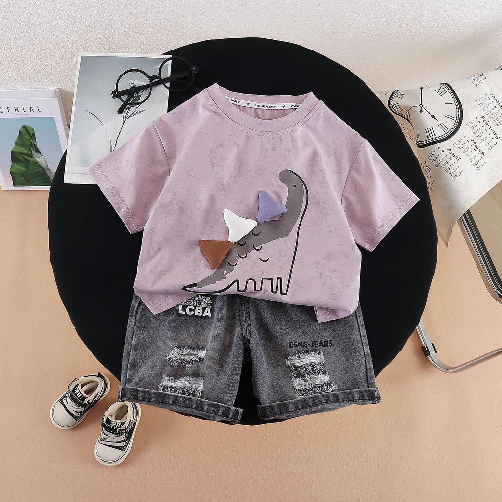 Boys' Stylish Dinosaur Summer Outfit: Short Sleeve Cartoon Two-Piece Set for 2026
