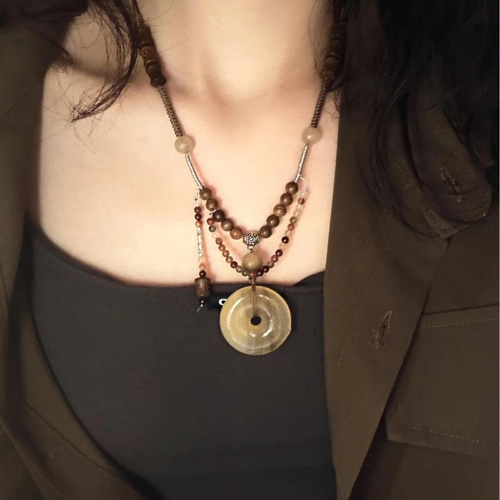 Chinesische Geometrische Stein- & Perlenkette: Retro High-End Schlüsselbeinkette, Vielseitiger Schmuck im antiken Stil