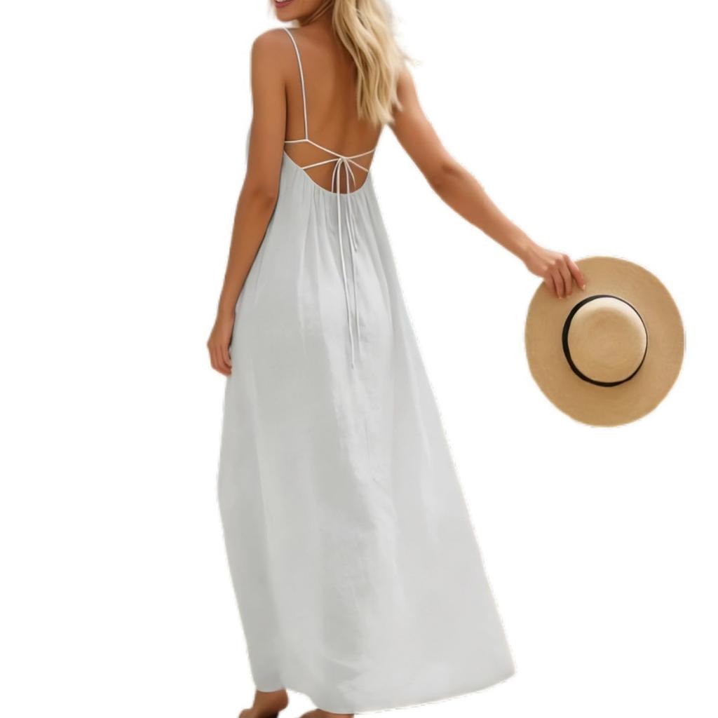 Zomerjurk voor dames Backless Spaghetti Bandjes Los Vallend Lang Cami Jurken Casual Los Vakantiefeest Strand Maxi Zomerjurk