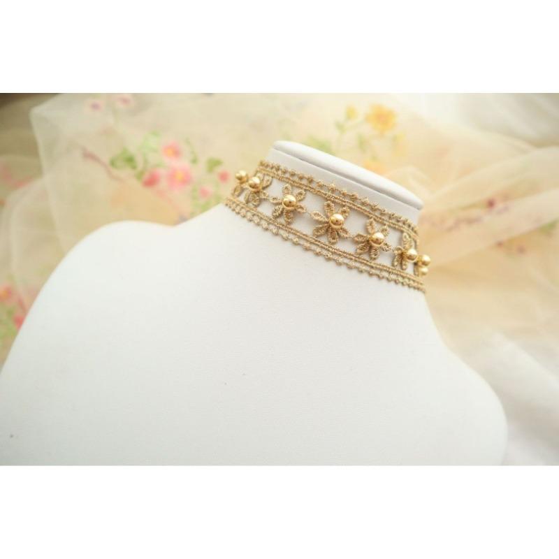 Korean Vintage Gold Lace Hollow Flower Beaded Choker Necklace For Women