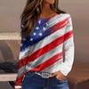 Women's Fashion Long Sleeve Top with Side Split Hem and Round Neckline Featuring Independence Day Print Suitable for Casual Wear