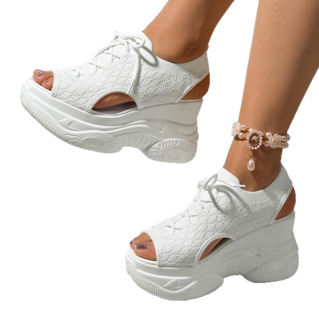 2025 European and American platform sandals women's summer fly-woven mesh fish mouth wedge sandals foot casual shoes women