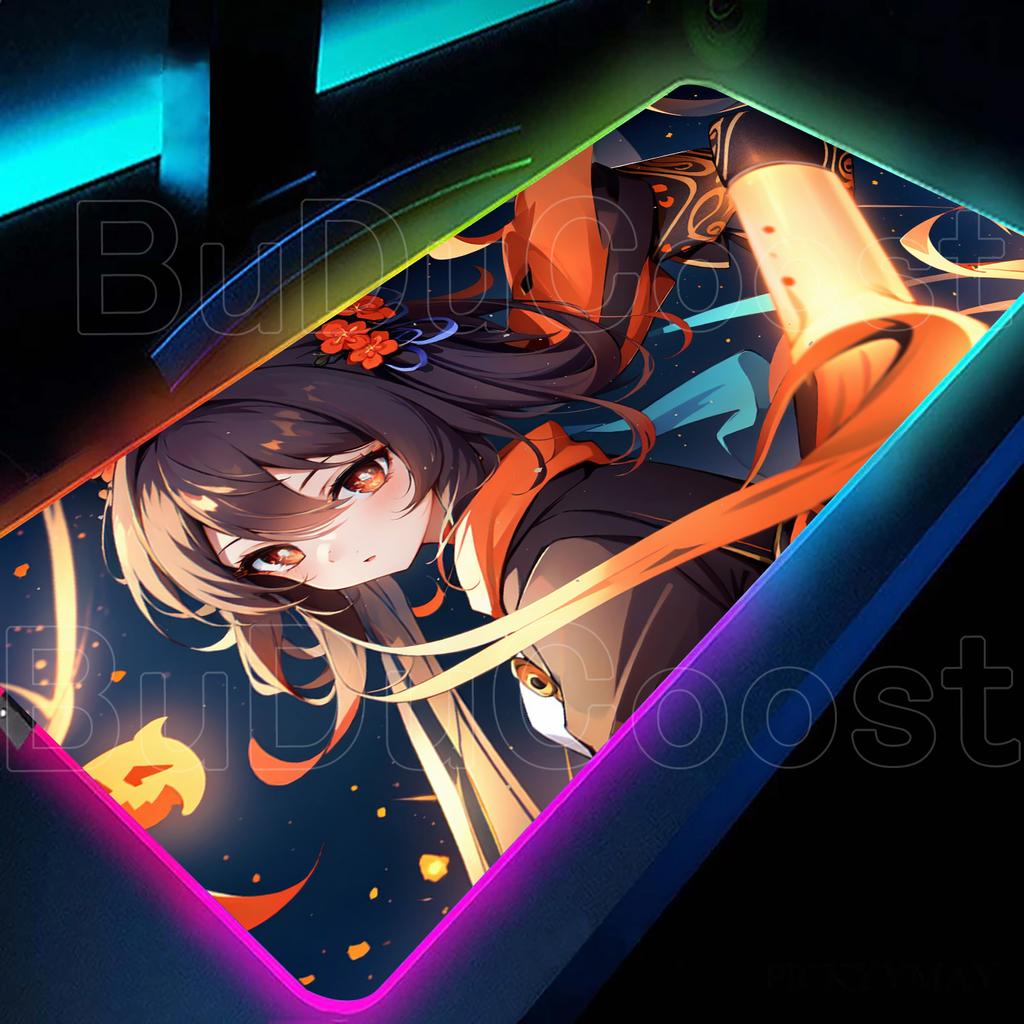 Cute Girl Genshin Impact RGB Mouse Pad Hu Tao Mousepad Kawaii Table Large Size Computer Mats Anime Keyboard E-Sports Accessories