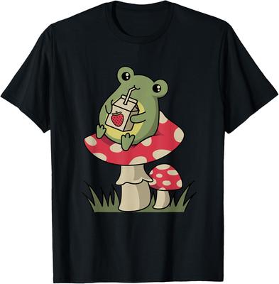 Cottagecore Frog Drinking Strawberry Milk Mushroom Graphic Tee Soft Casual Cotton T-Shirt for Unisex