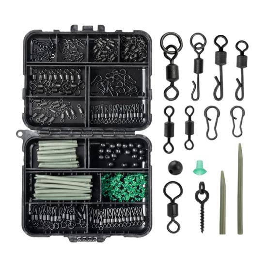 300Pcs/Set Carp Fishing Accessories Set with Storage Box Assorted Swivels Screws Pins Soft Tube Sleeve Blocking Bean Carp Fishing Gear Equipment Kit