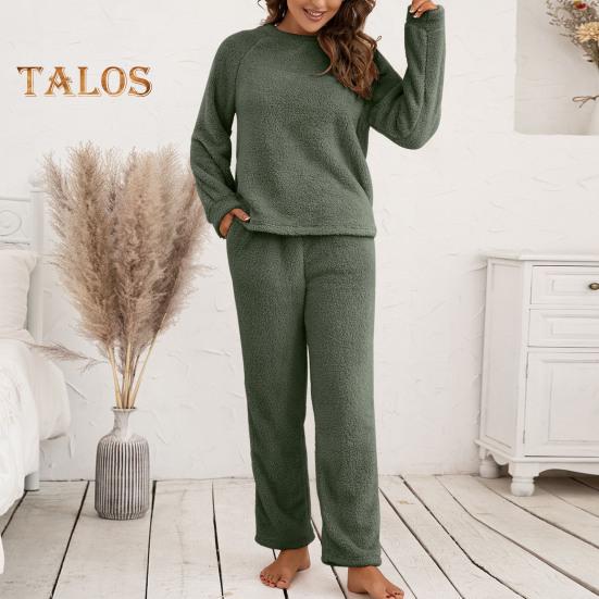 2 Pcs/Set Pajama Set Autumn Winter Casual Outfit Top Pants Set Round Neck Long Sleeve Top Elastic Waist Sport Tracksuit Daily Clothes Sleepwear