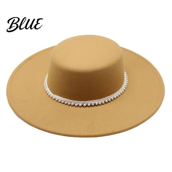 Wedding Guest Fashion Hat Wide Brim Wool Felt for Women Vintage Flat Top Fedora Classic Cap with Faux Pearl Trim Elegant Winter Autumn Accessories