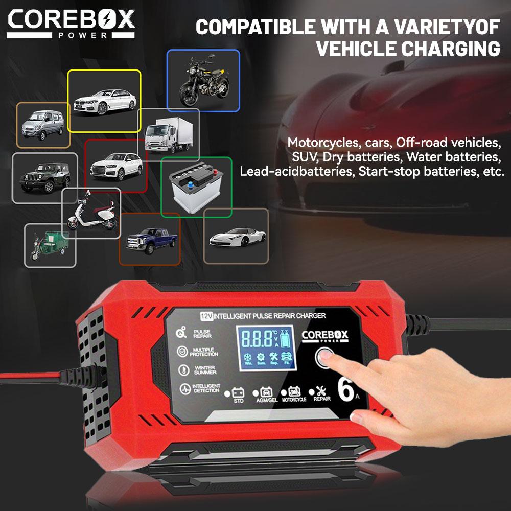 Chargeur de batterie de voiture entièrement automatique 12V 6A Appareil de chargement de batterie pour voiture et moto Batterie au plomb Acide Réparation intelligente Affichage LCD