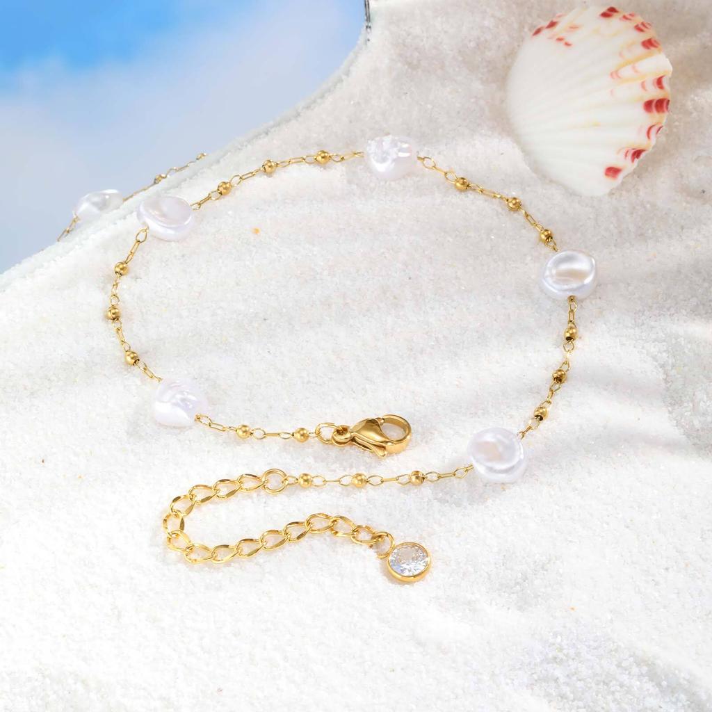 Waterproof Pearl Anklet, Stainless Steel Anklets Beads Link Chain Adjustable, Fashion Jewelry for Women Mom Wife Girlfriend