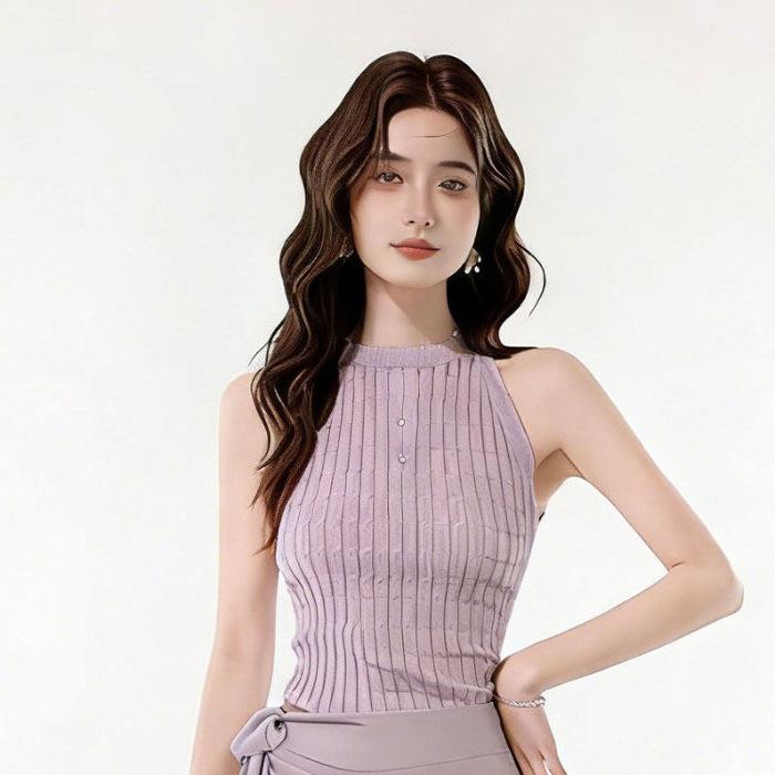 

Huge good-looking summer clothes, a complete set of purple knitted neck vest for women s summer with purple skirt two-piece set S