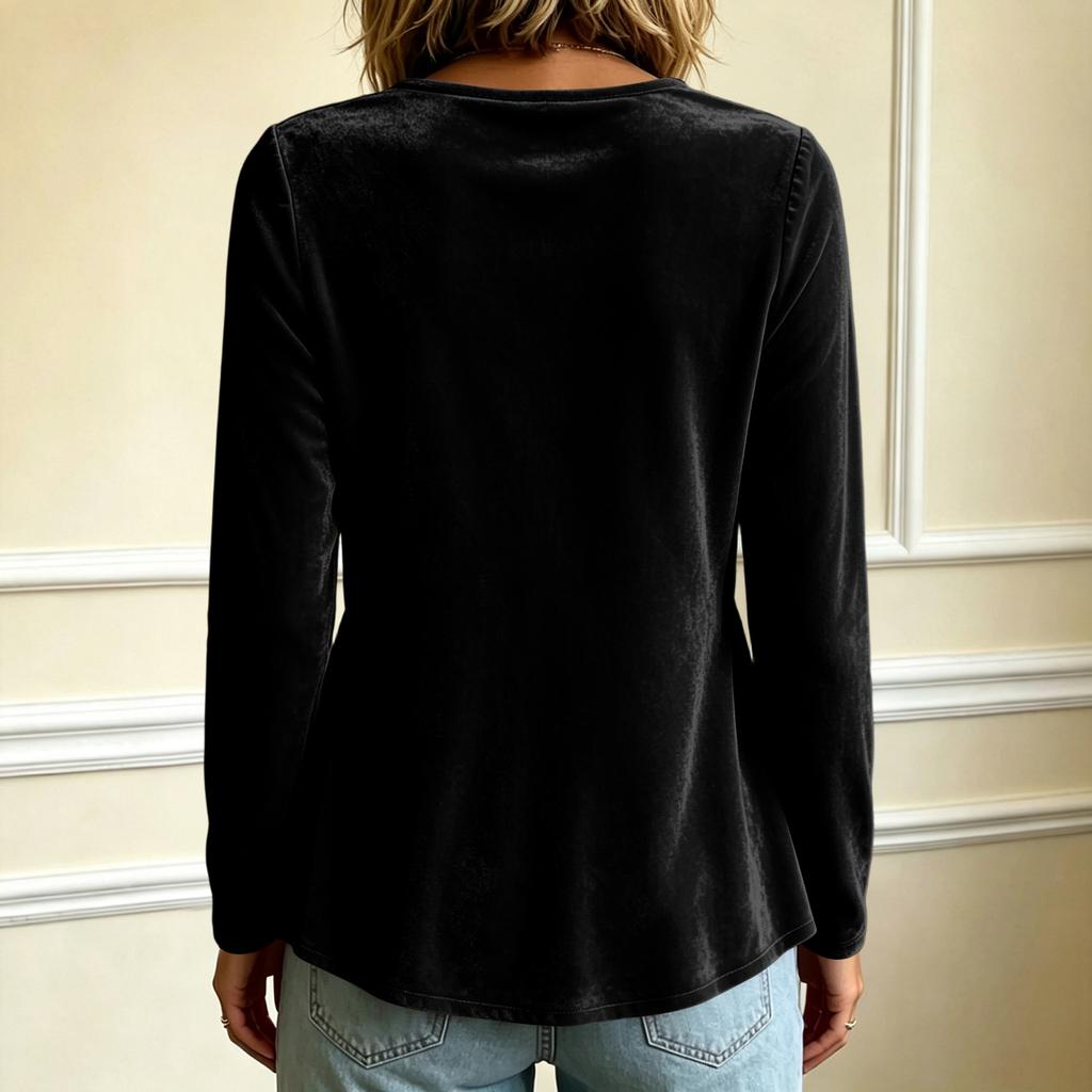 Women's Casual Color V-Neck Long Sleeve Loose Fit Pullover Top for Everyday Wear