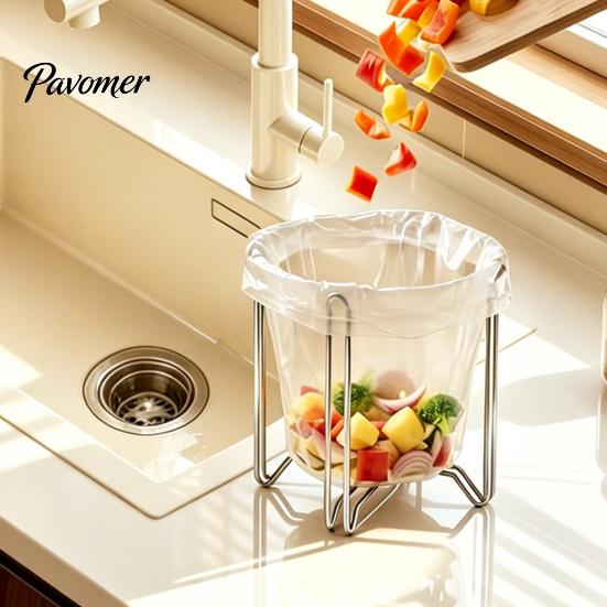 Foldable Garbage Bag Holder Stainless Steel Trash Holder, Space Saving Stable Kitchen Countertop Cleanup Tool Stand, Portable Food Waste Collector for