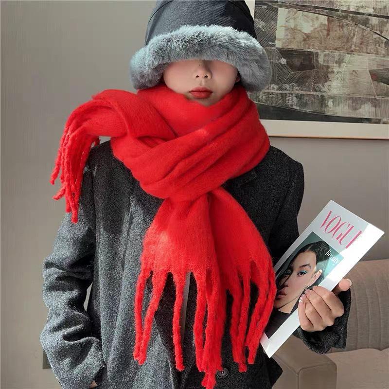 High-End Women's Mohair Scarf – Pure Color, Thick, Warm, All-Match, Korean Style for Autumn/Winter 2024