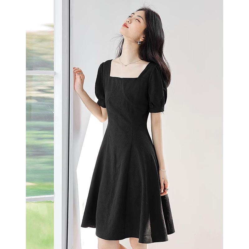 Bubble Sleeve Square Neck A-line Little Black Dress
