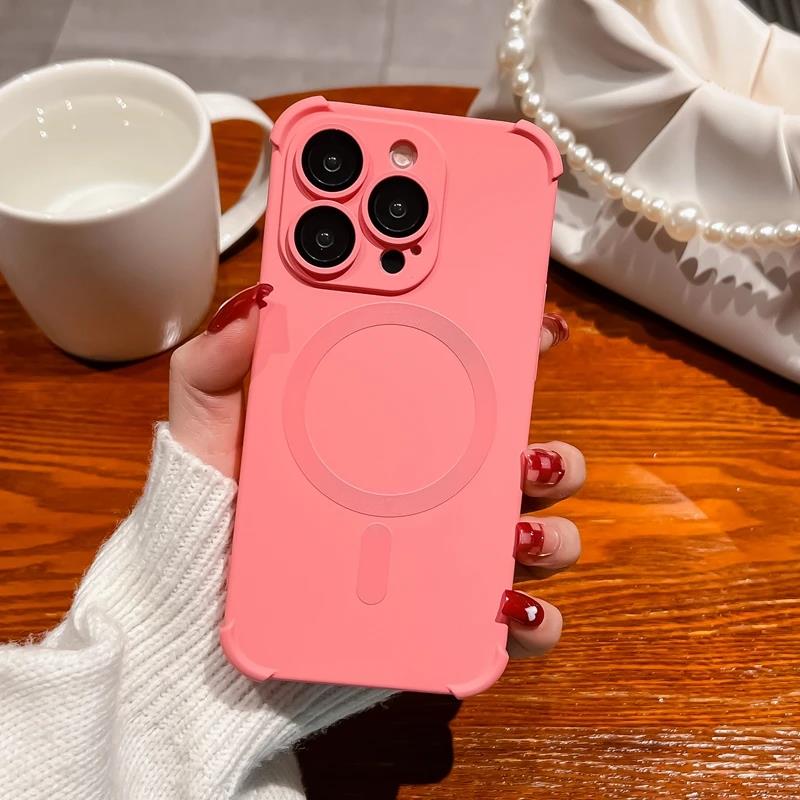 

Luxury Magsafe Wireless Charge Case For iPhone 15 14 13 12 16 Pro Max Plus Soft Liquid Silicone Magnetic Shockproof Bumper Cover For iPhone 16Pro Max рожевий