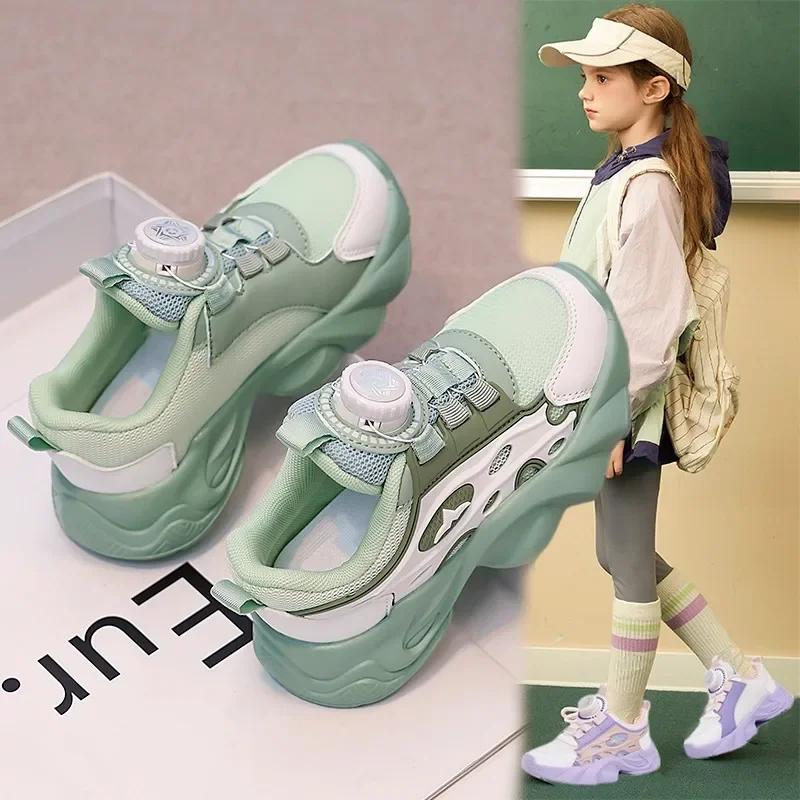 

Boys Girls Sports Shoes with Rotating Buttons Kids Casual Shoes Fashion Versatile 2024 New Students Sneakers Thick Soft Sole 26 зелёный