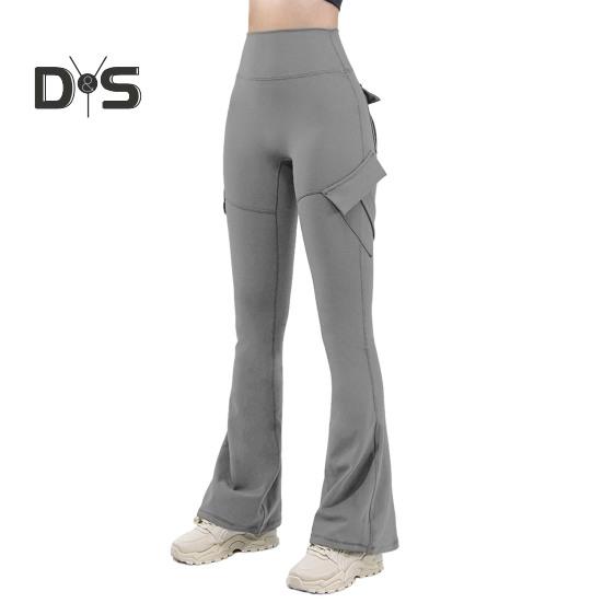 Women Flared Pants Elastic High Waist Wide Leg Casual Trousers with Flap Pockets Solid Color Cargo Pants Daily Wear