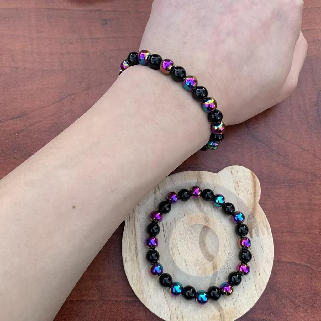 Siedmiokolorowa elastyczna bransoletka z koralików hematytu i obsydianu