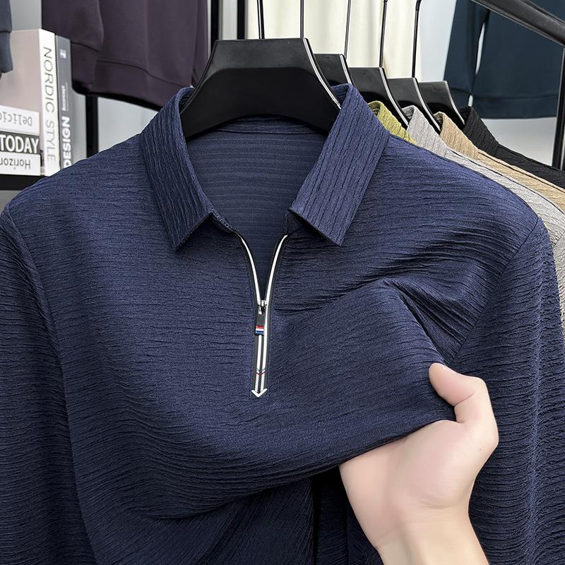 Ny Jacquard High-end Toppslag Enfärgad Mångsidig Casual Lös Halvdragkedja Herr T-shirt att dra över huvudet
