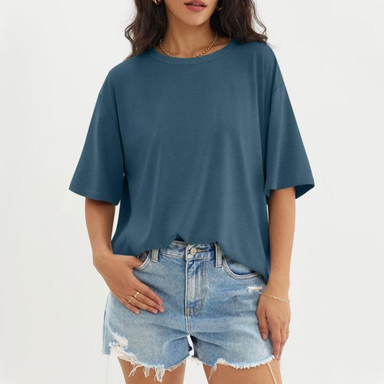 Solid Color Round Neck Top Women Casual Three Half Sleeve Fashionable