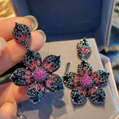 Women's Luxury Heavy Industry Flower Earrings Colorful Zircon Exaggerate Fashion Style Classic Design Earrings