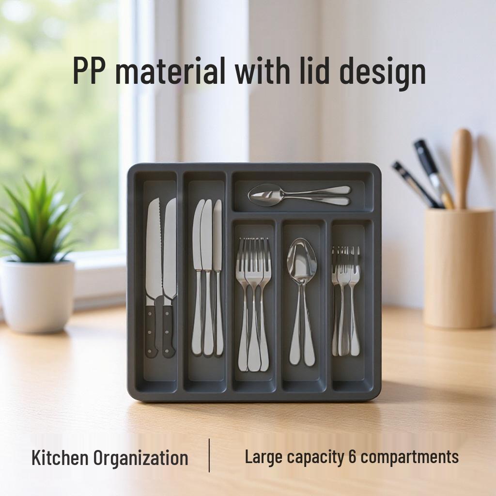 PP Lid Drawer-Type Cutlery Organizer with Six-Grids: Large Capacity Storage for Kitchen Knives, Forks, and Spoons