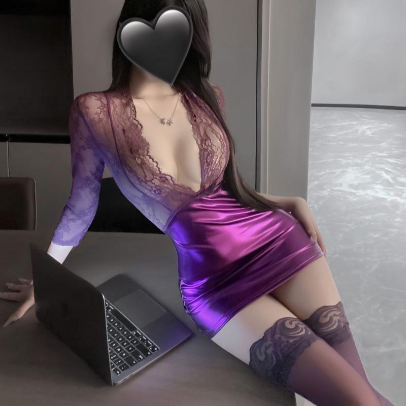 Sexy Office Lady Cosplay Costumes Women Sexy Lingerie Stewardess Outfit Secretary Bodysuit Uniform Purple Lace and Leather Dress