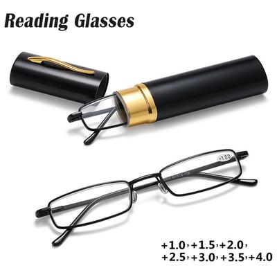 Tragbare Mini Ultra-dünne Lesebrille Metall Rahmen Elegante Stift Box Männer Frauen Lesebrille mit Box Presbyopie Brillen