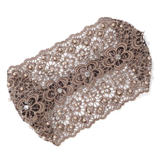 Krajková čelenka zdobená umělými perlami Dámská vysoce elastická široká vlasová gumička s designem pětilisté květiny Vlasové doplňky