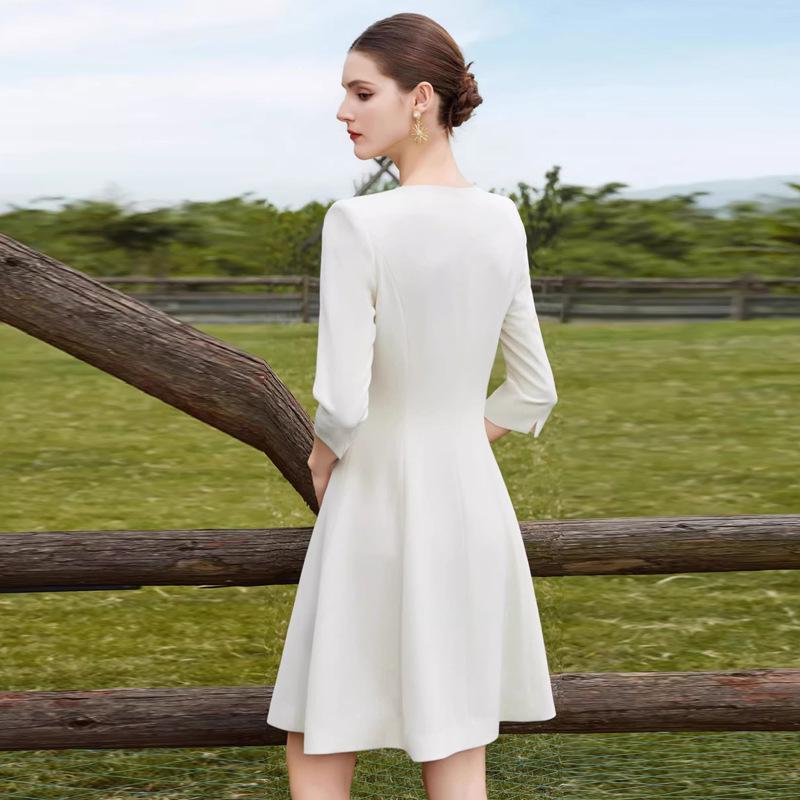 Stylish Beige A-Line Mid-Length Dress with Three-Quarter Sleeves and Round Neck for Spring/Summer