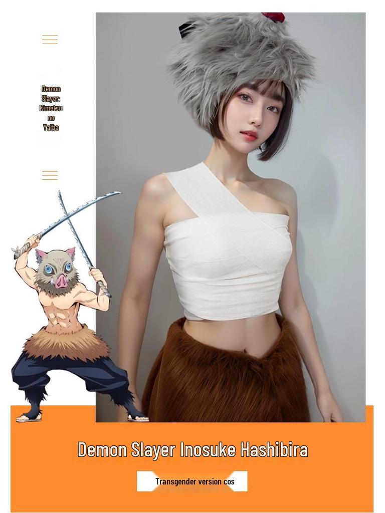 Demon Slayer Inosuke Hashibira Cosplay Costume with Pig's Head Mask and Grass Skirt Pants Set for Halloween