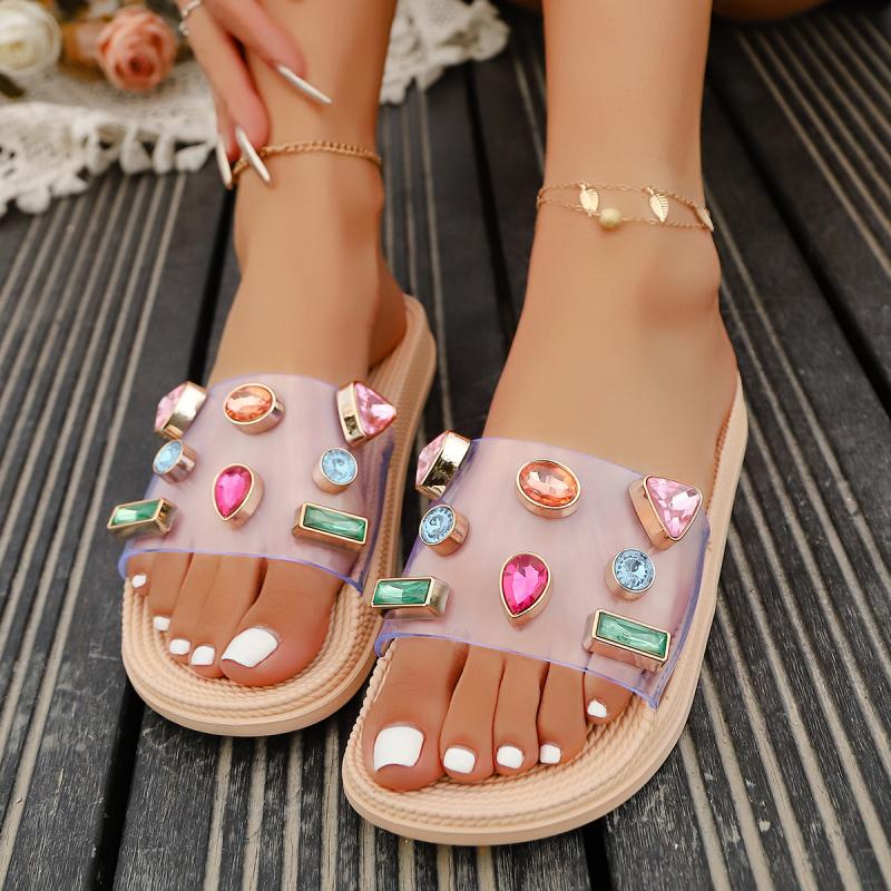 Fashion Colorful Big Rhinestone Transparent Pvc Slippers Women Flat Feels Outdoor Slides Women 2025 Summer Brand Designer Beach Slides