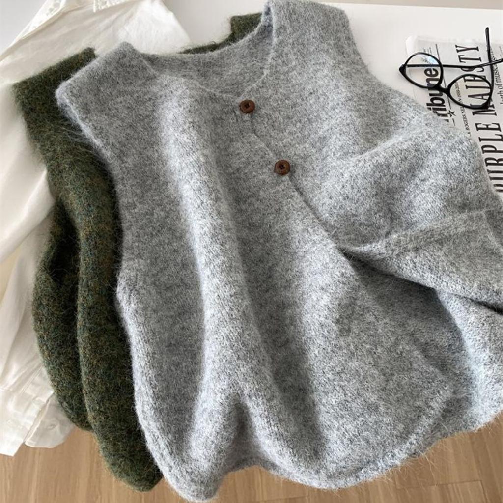 Letterario Vintage Stile Pigro Gilet Lavorato a Maglia a Due Bottoni da Donna Primavera Autunno Senza Maniche Spacco Gilet Maglione