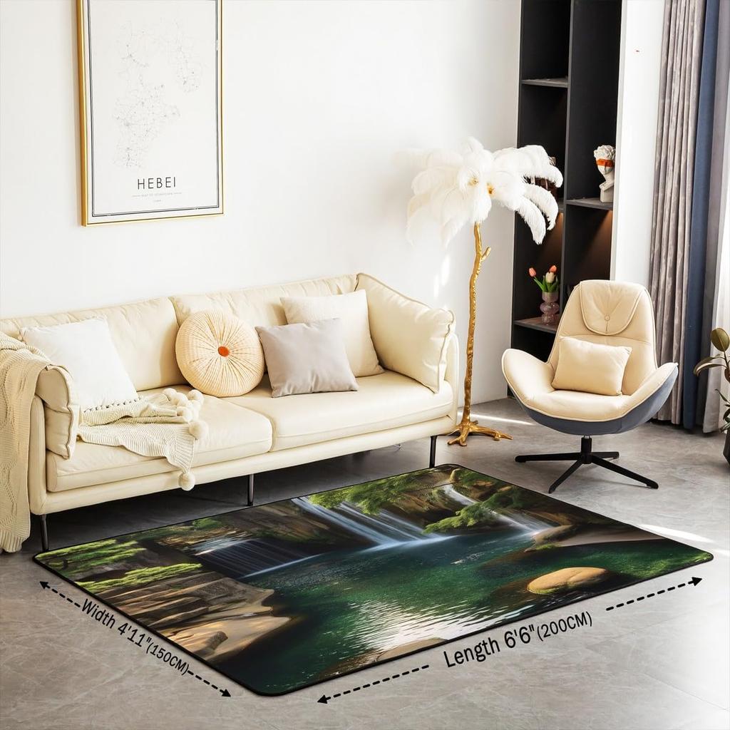Waterfall Large Area Rug 5x7 Lake Cascade Scenery Living Room Rug | Chic Nature Art Mountain Rock Rugs for Bedroom, Sault Landscape Carpet I