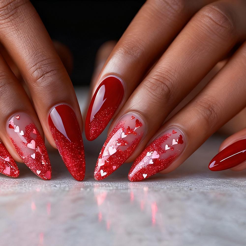 Средние блестящие красные блестящие миндалевидные накладные ногти на День святого Валентина в форме сердца - 24 шт.