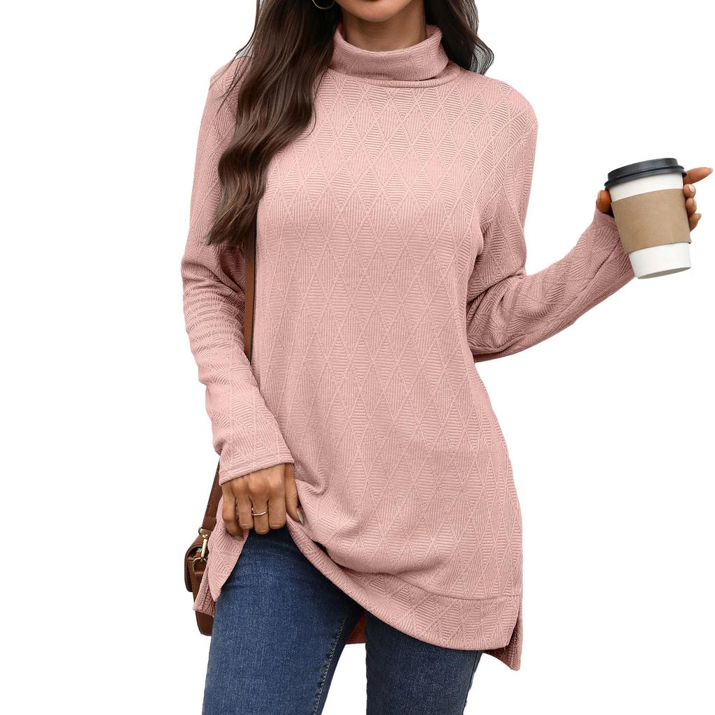 New Solid-color High-neck Loose Long-sleeved Slit T-shirt Top for Women In Autumn and Winter