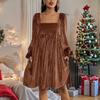 Women's Square Neck Long Sleeve Velvet Dress A-Line High Waist Solid Mini Dress With Pockets